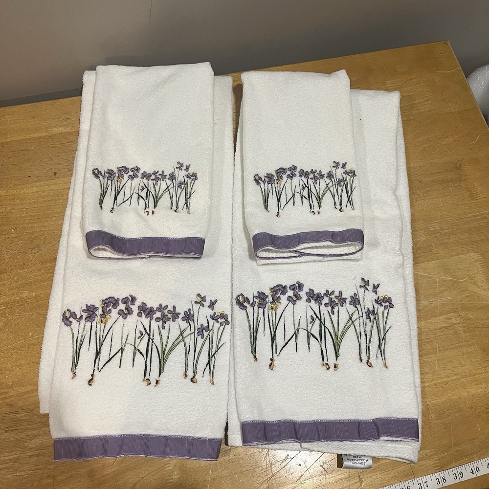 Lauren Alexander Bath‎ Towels Embroidered Lily Flower Purple Hand Set Of 4 Vtg